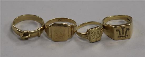 A 9ct gold Prince of Wales Feathers signet ring and three other rings,